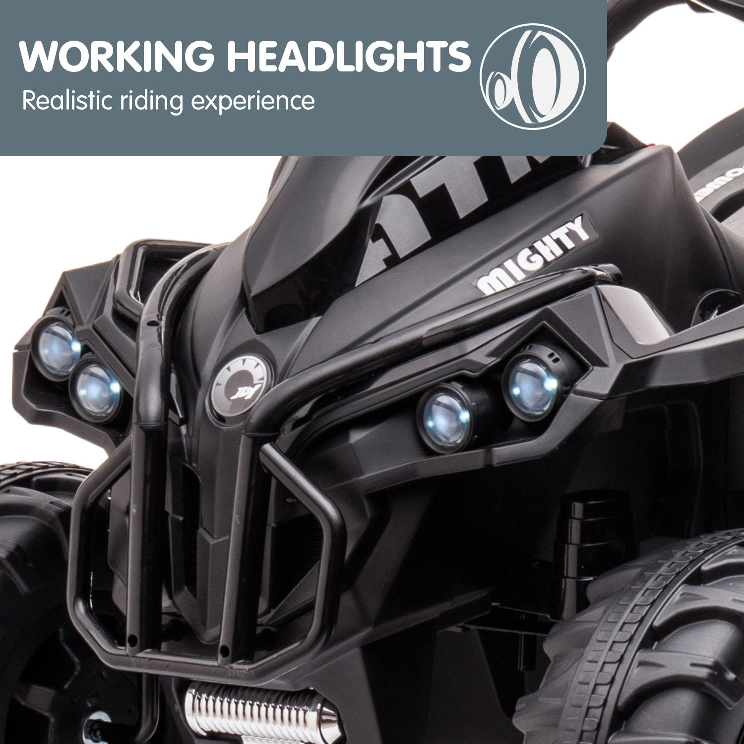 Close-up of an ATV with working headlights and 'Mighty' branding, on a white background.