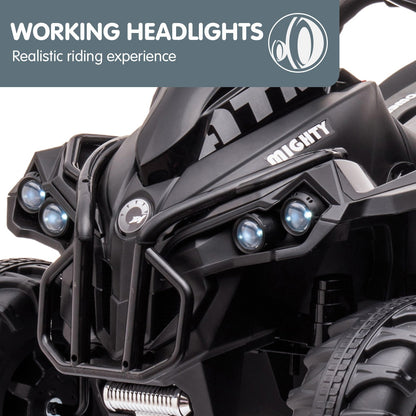 Close-up of an ATV with working headlights and 'Mighty' branding, on a white background.