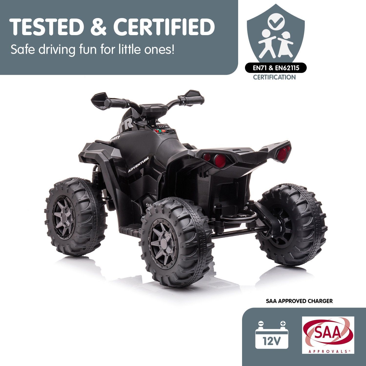 Black toy ATV with certification logos on a white background