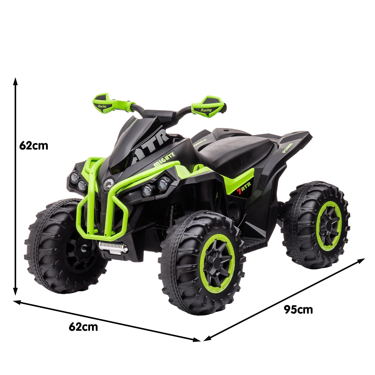 Black and green toy ATV with measurements on a white background
