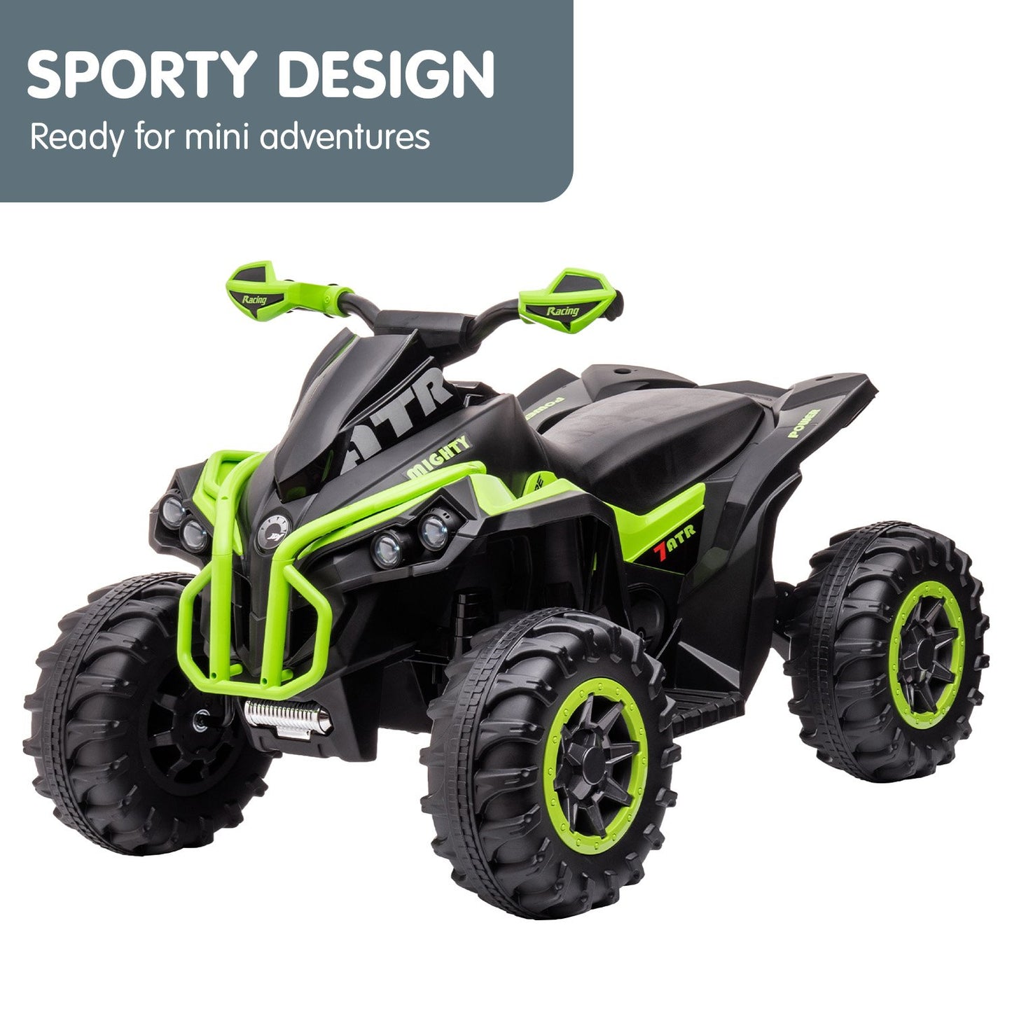 Toy ATV with green accents on a white background, labeled 'Sporty Design' and 'Ready for mini adventures'.