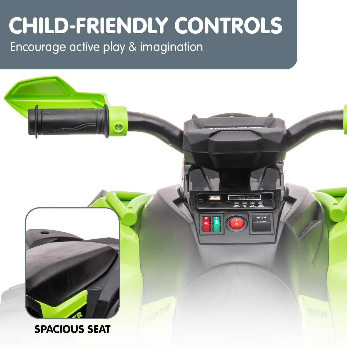 Children's toy vehicle with green handlebars and controls, featuring text about child-friendly controls and a spacious seat.