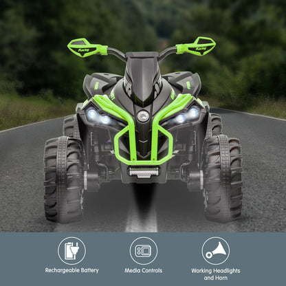 Toy ATV with green accents on a road with a blurred natural background