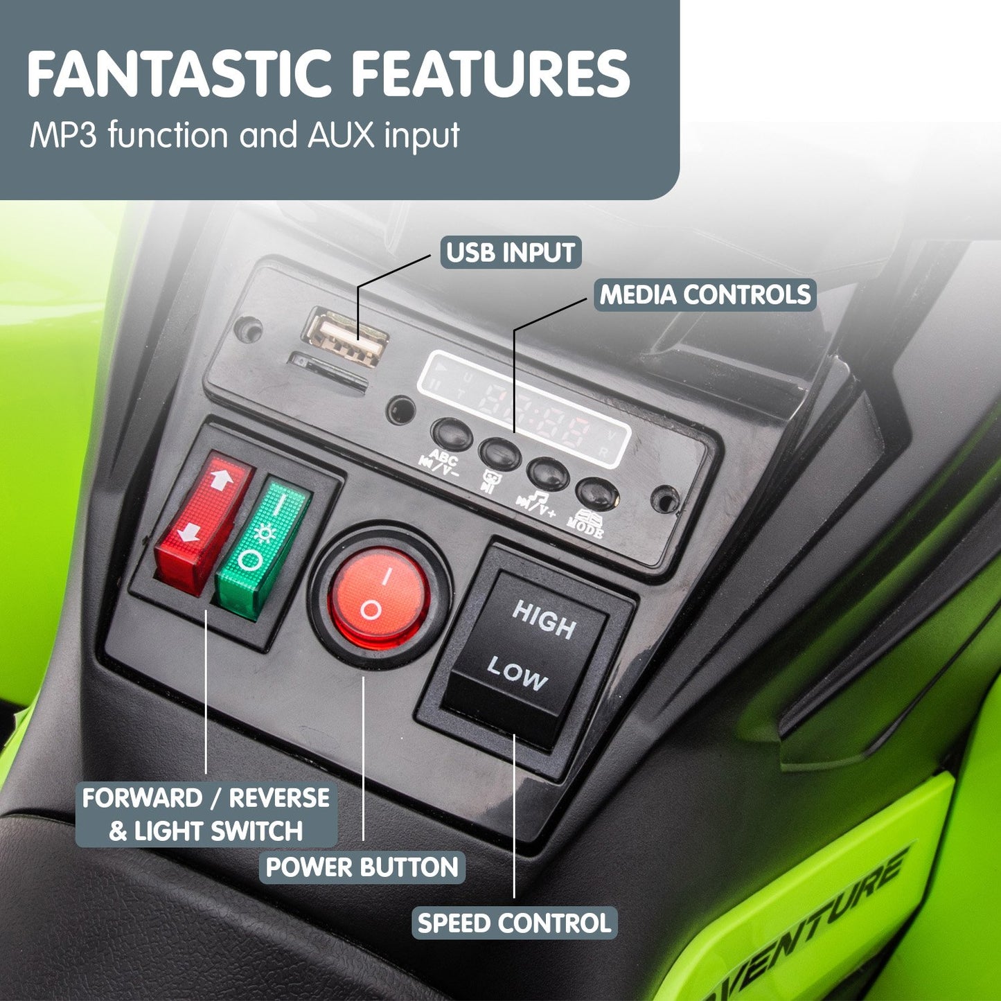 Control panel with various buttons and labels on a green vehicle, highlighting features like USB input and media controls.