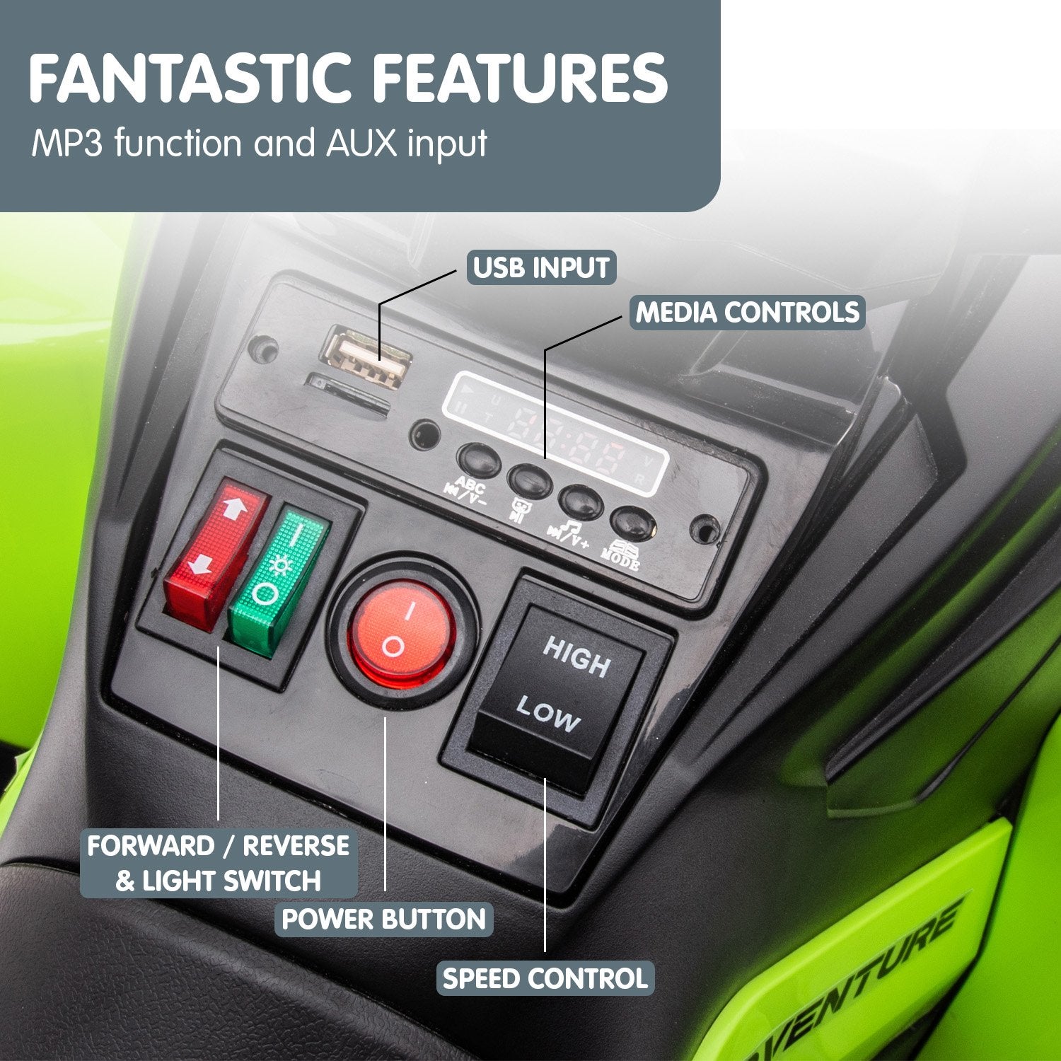 Control panel with various buttons and labels on a green vehicle, highlighting features like USB input and media controls.