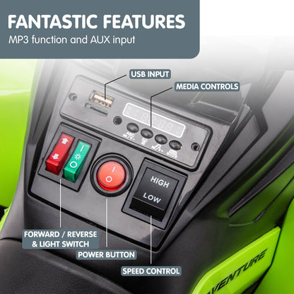 Control panel with various buttons and labels on a green vehicle, highlighting features like USB input and media controls.