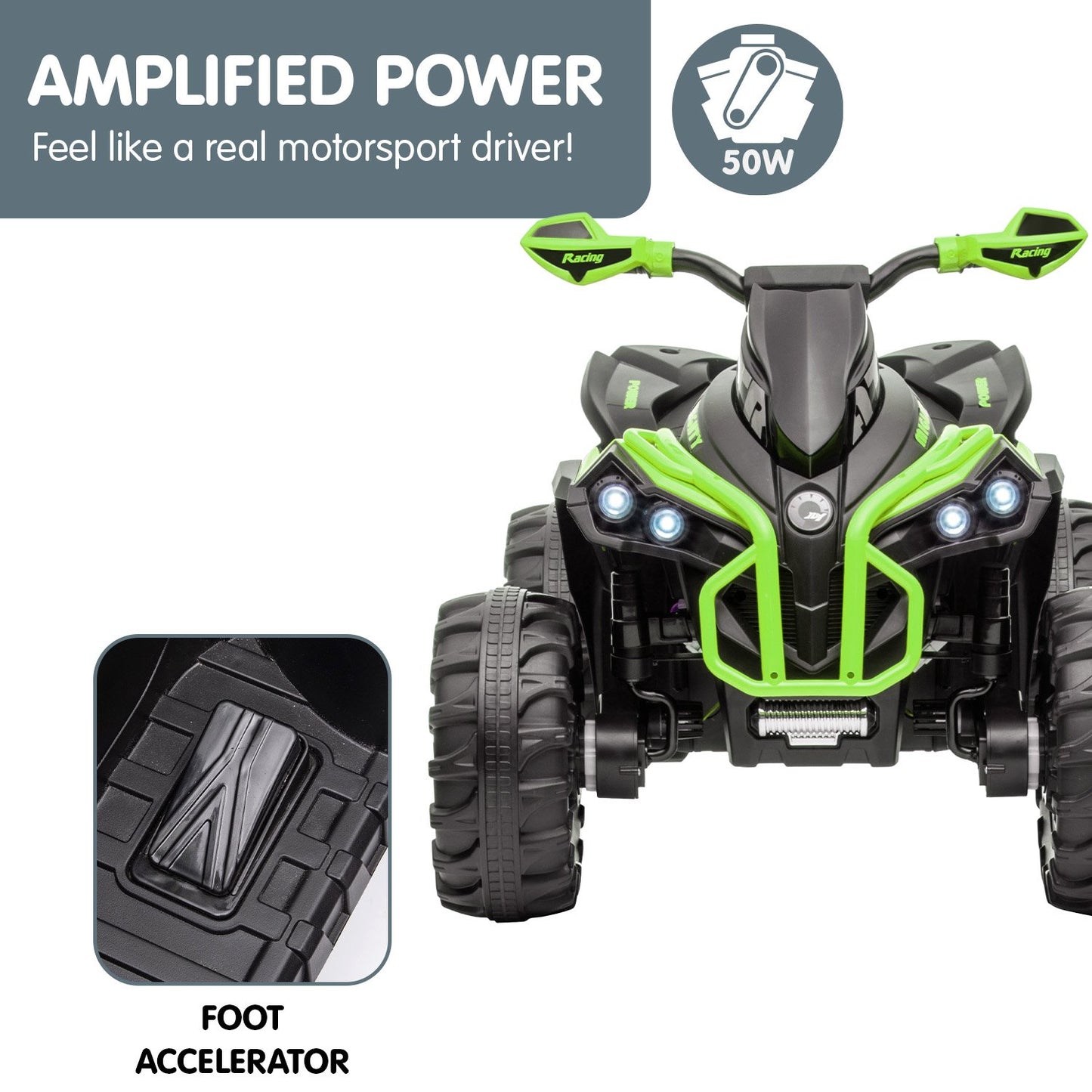 Toy ATV with green accents and text about amplified power and foot accelerator.