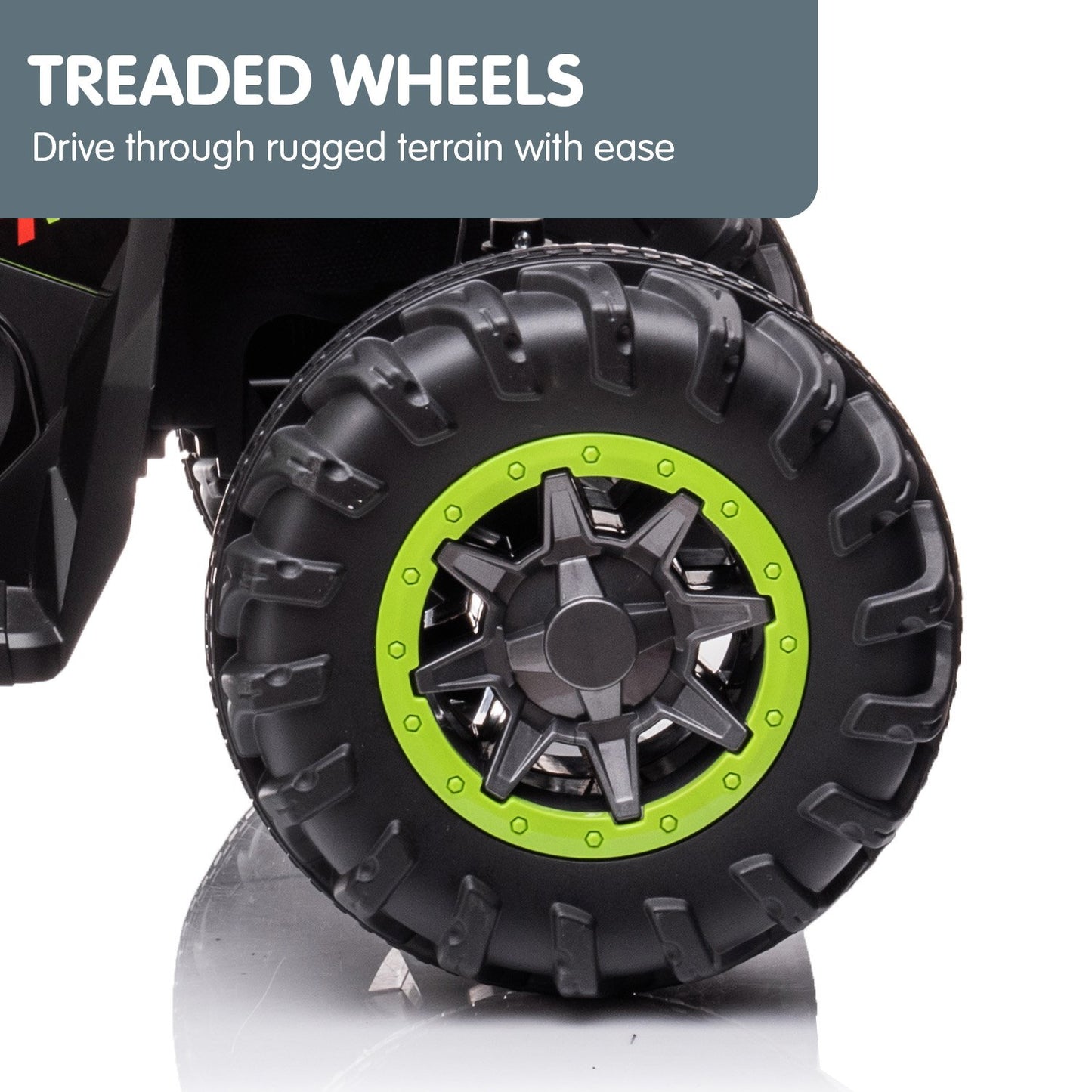 Close-up of a treaded wheel with green rim on a white background, featuring text about rugged terrain capability.