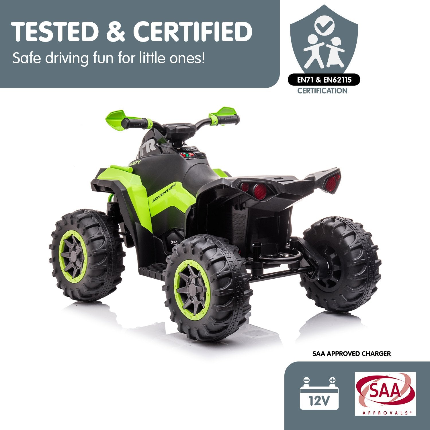 Toy ATV with green and black design on a white background, featuring certification logos and text.