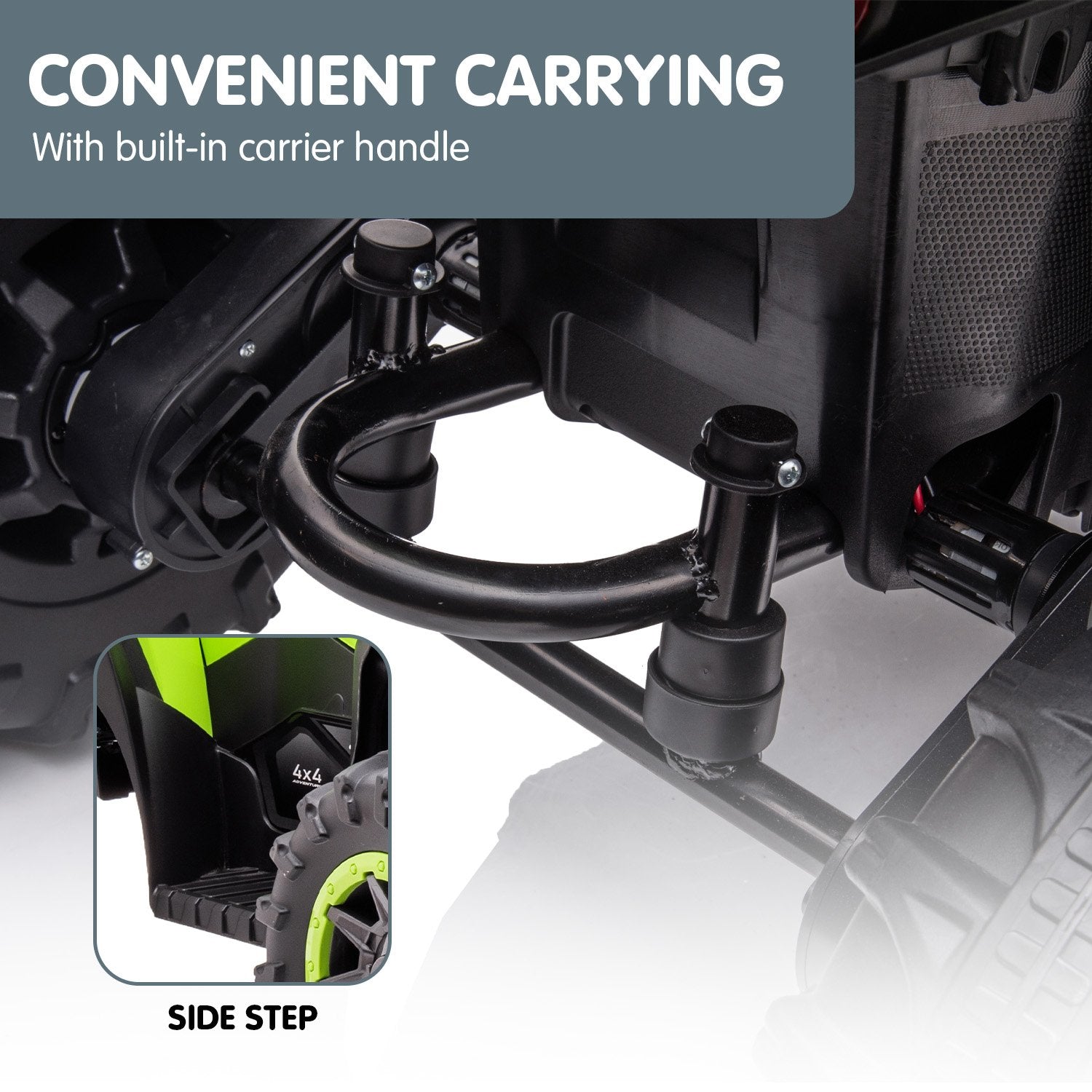 Side step with built-in carrier handle on a vehicle, highlighting convenience of carrying.