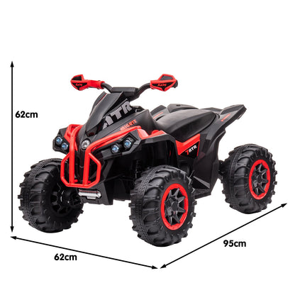 Black and red toy ATV with measurements on a white background