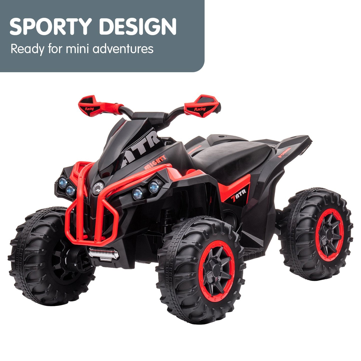Toy ATV with black and red design on a white background