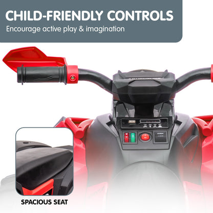 Children's toy vehicle with red handlebar grips and control panel, featuring text about child-friendly controls and spacious seat.