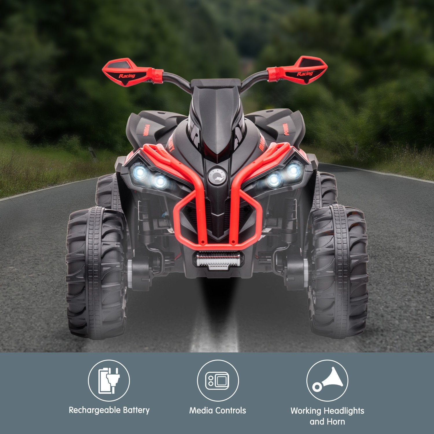 Toy ATV with red accents on a road with a blurred natural background