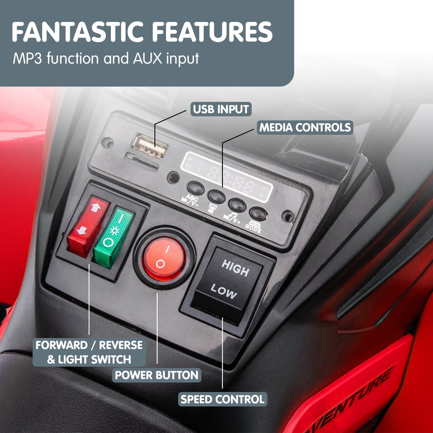 Car dashboard control panel with labeled features on a red car background