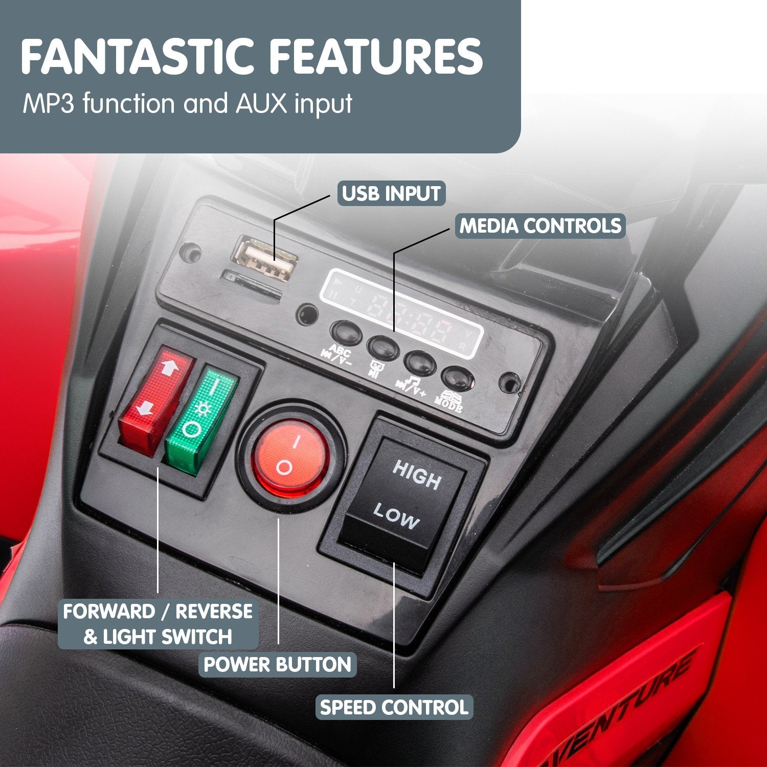 Car dashboard control panel with labeled features on a red car background