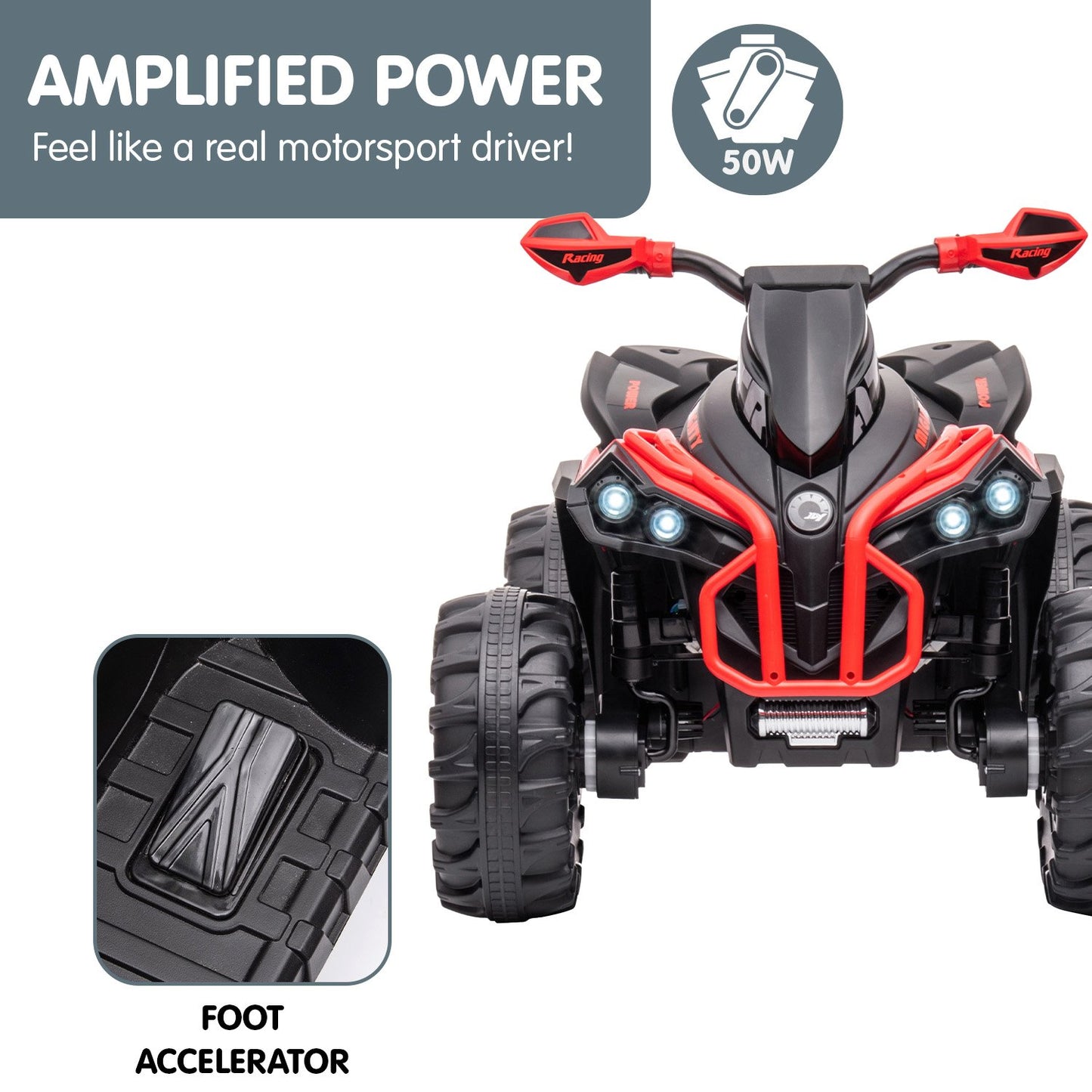 Toy ATV with red accents and text about amplified power and foot accelerator.