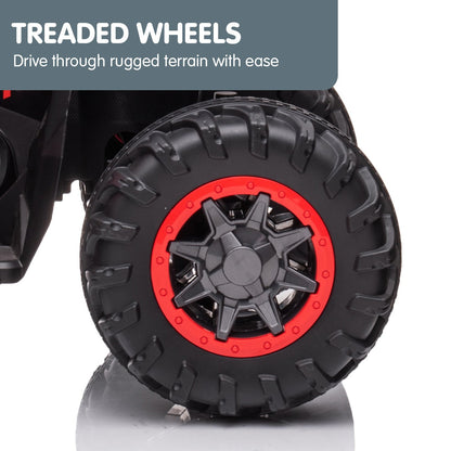 Close-up of a tire with treaded pattern and red rim on a white background