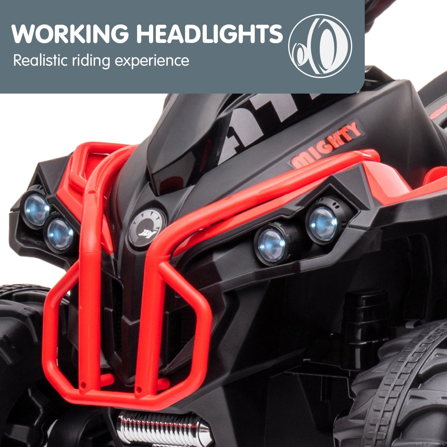 Close-up of a black and red ATV with working headlights, featuring the brand 'Mighty'.