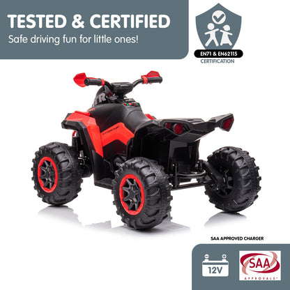 Toy ATV with certification logos on a white background