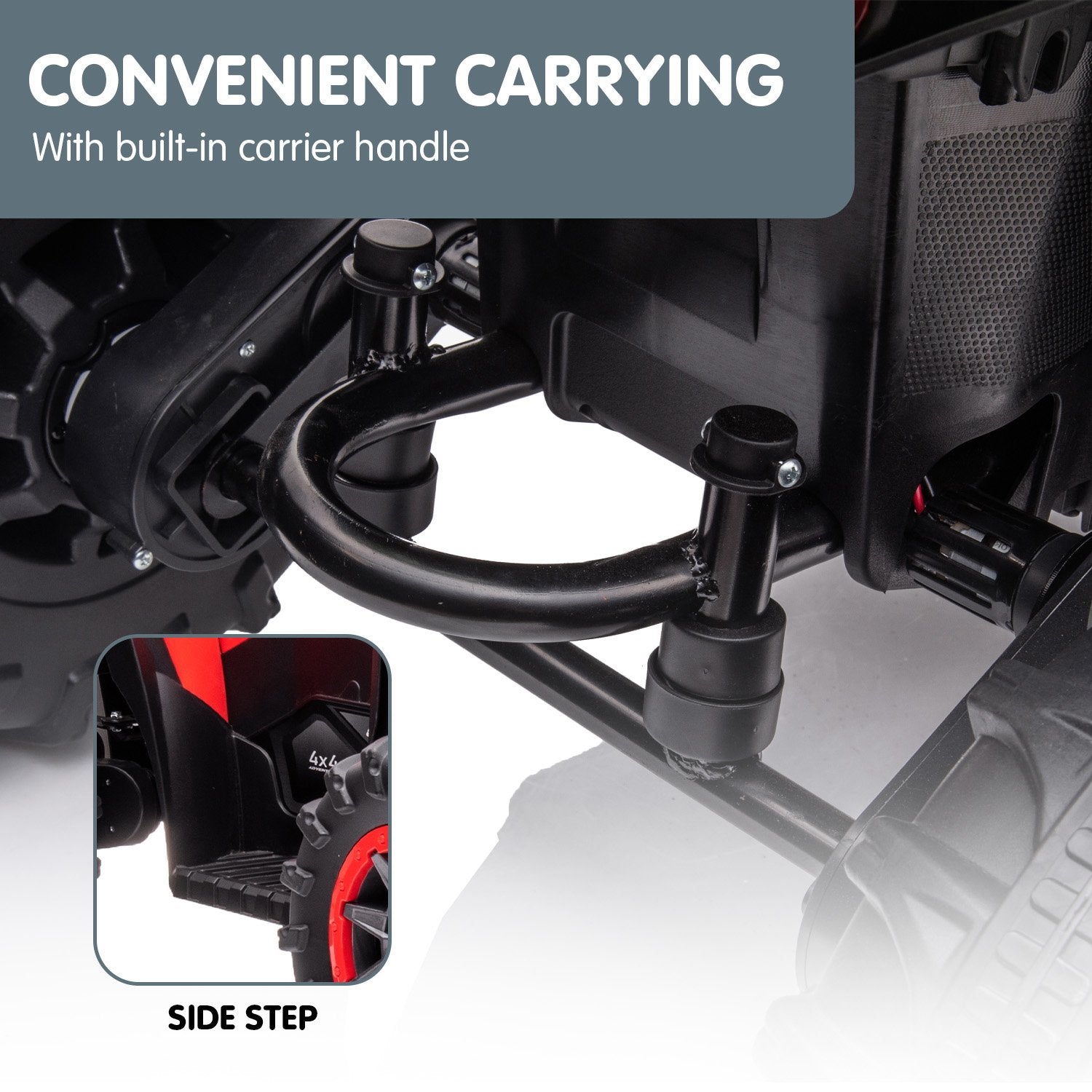 Side step with built-in carrier handle on a vehicle, labeled 'Convenient Carrying' and 'Side Step'.