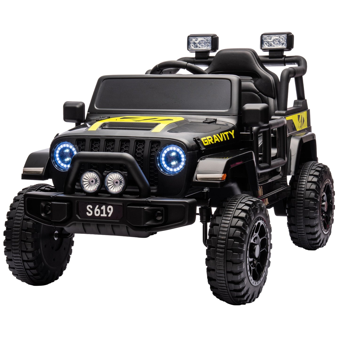 Toy truck with black and yellow design on a white background