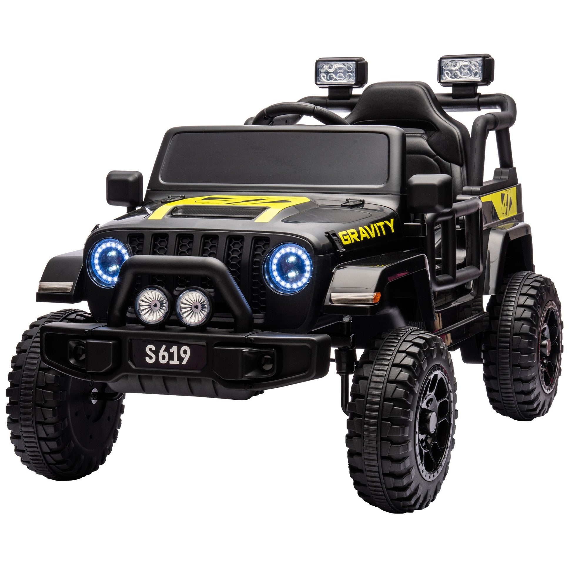 Toy truck with black and yellow design on a white background