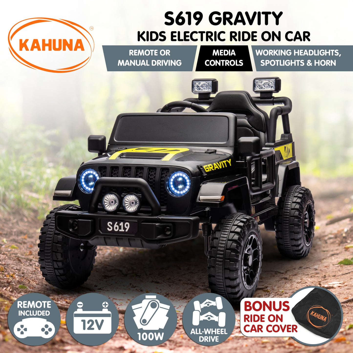 Kahuna S619 Gravity kids electric ride-on car with features listed on a natural background
