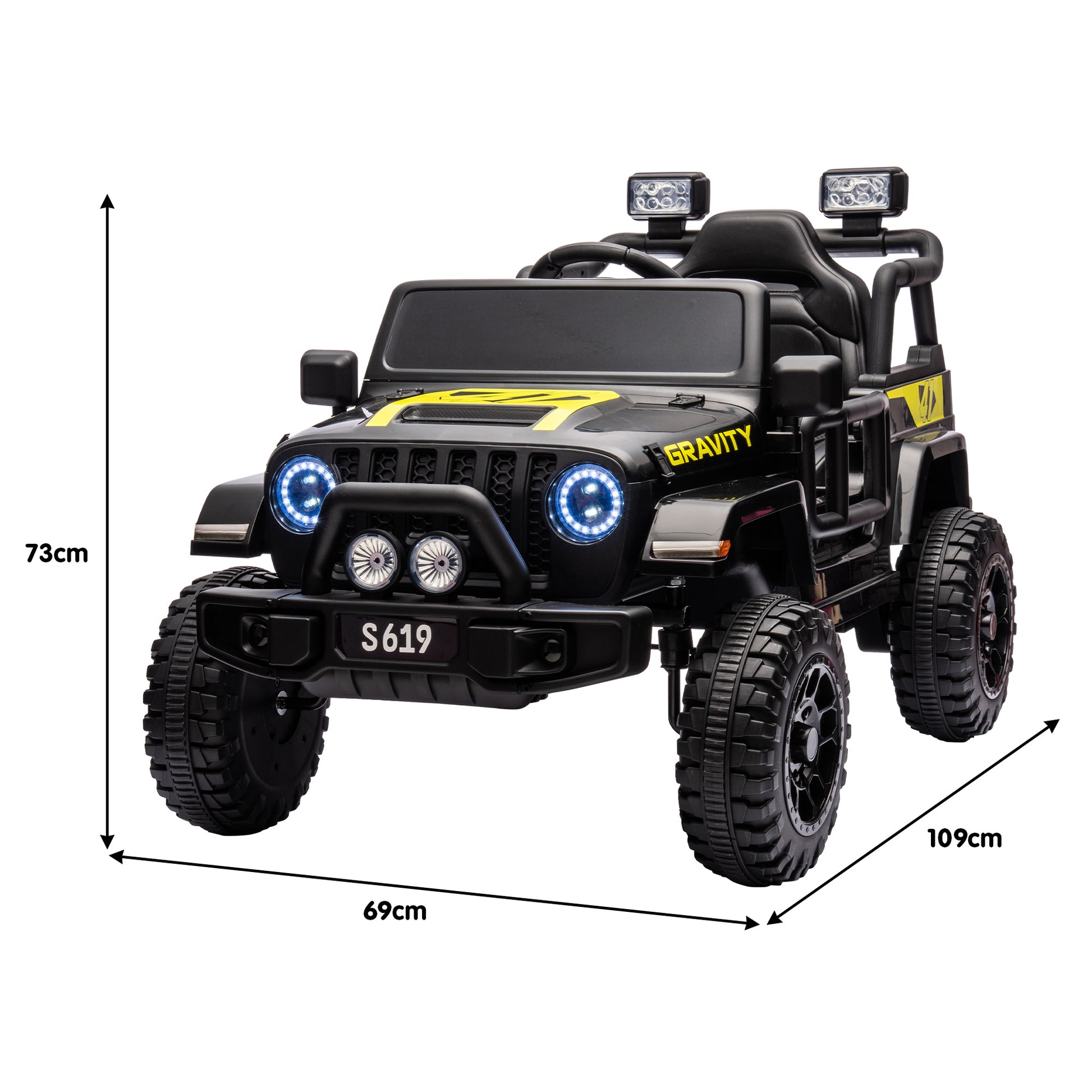 Black toy truck with measurements on a white background