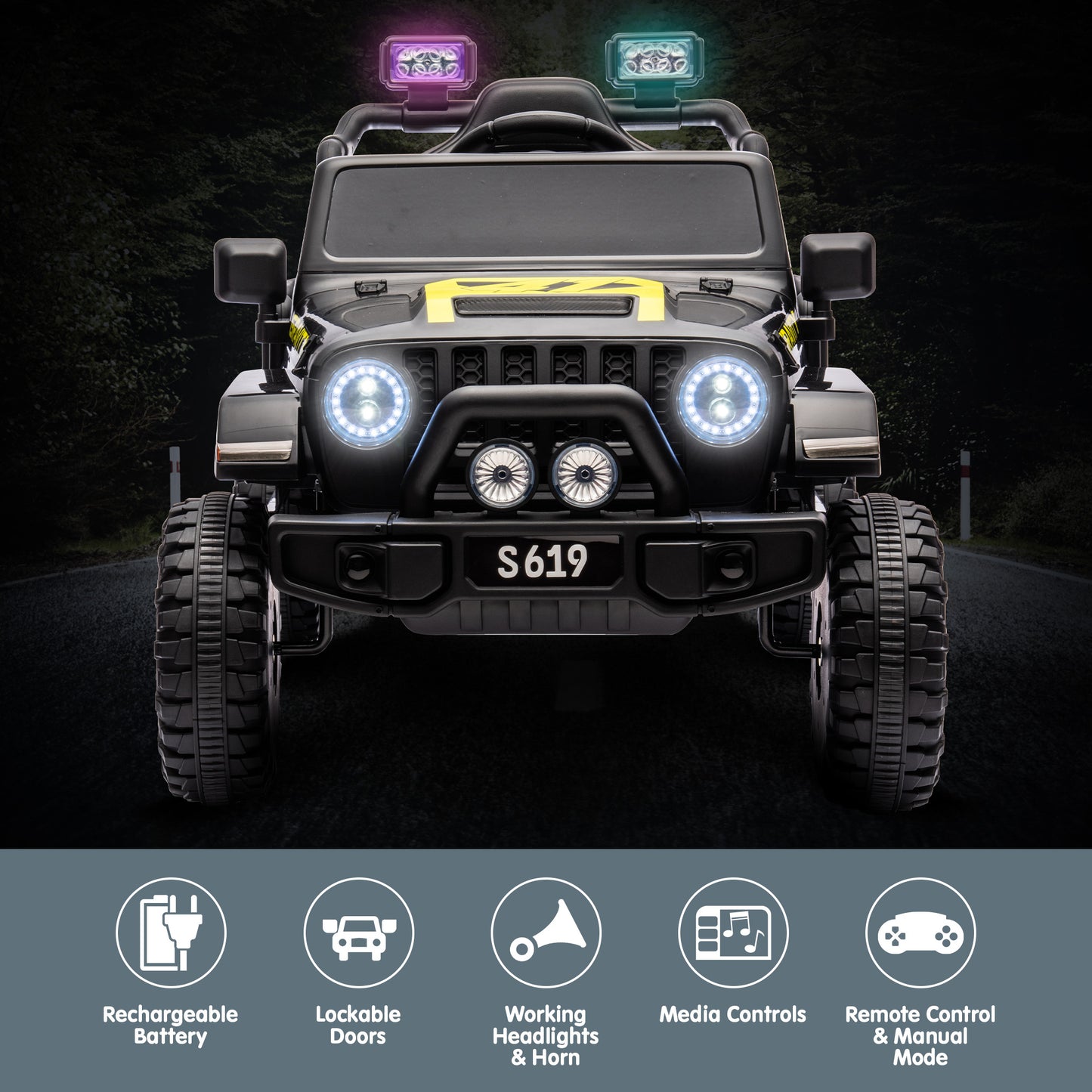 Toy jeep with illuminated lights on a dark background