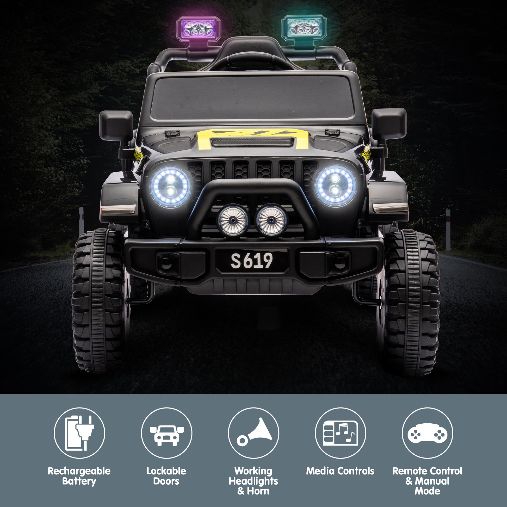 Toy jeep with illuminated lights on a dark background