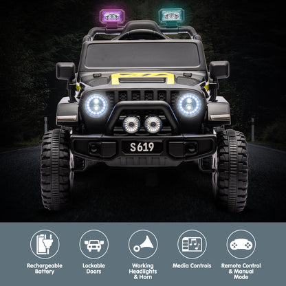 Toy jeep with illuminated lights on a dark background