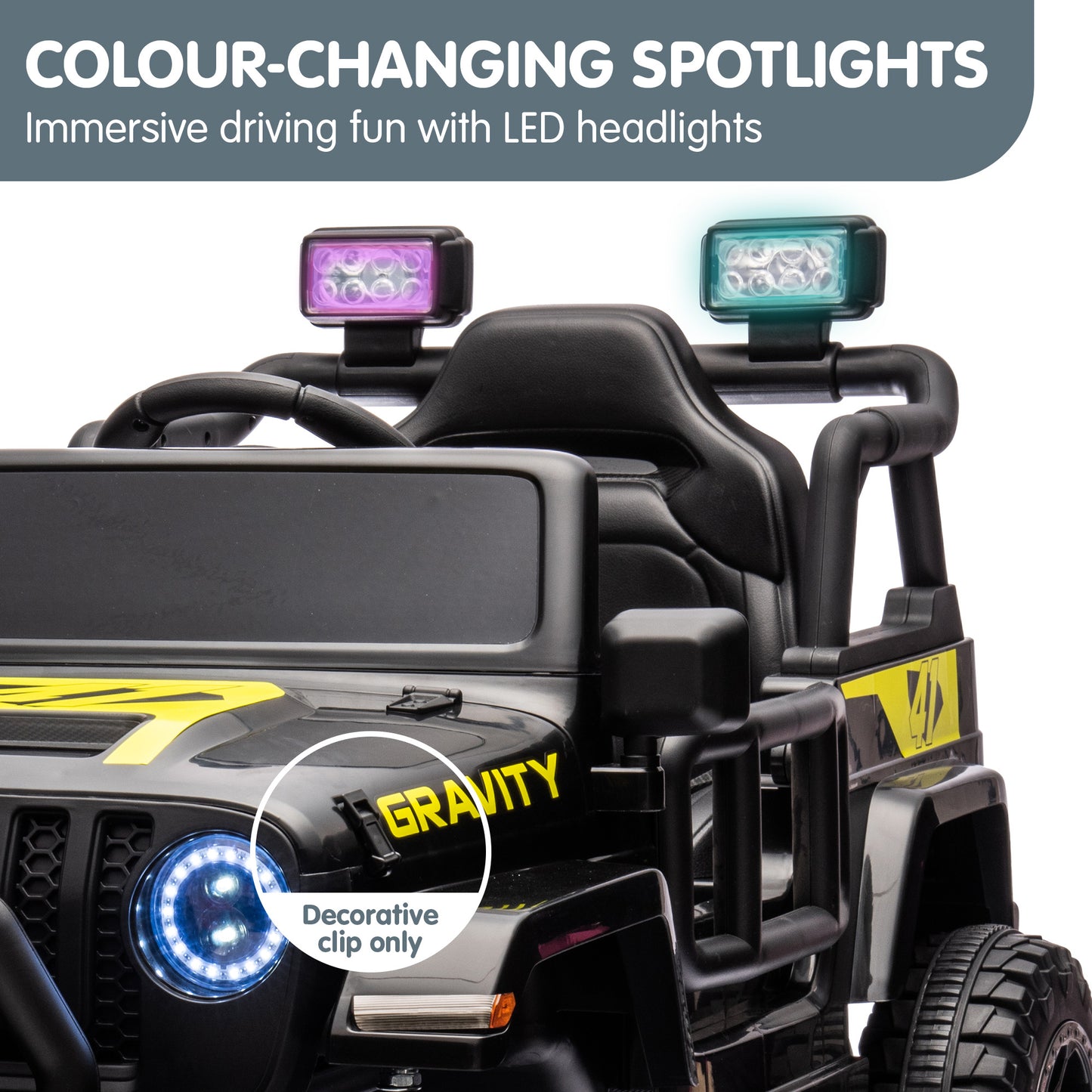 Toy vehicle with color-changing spotlights and LED headlights on a white background