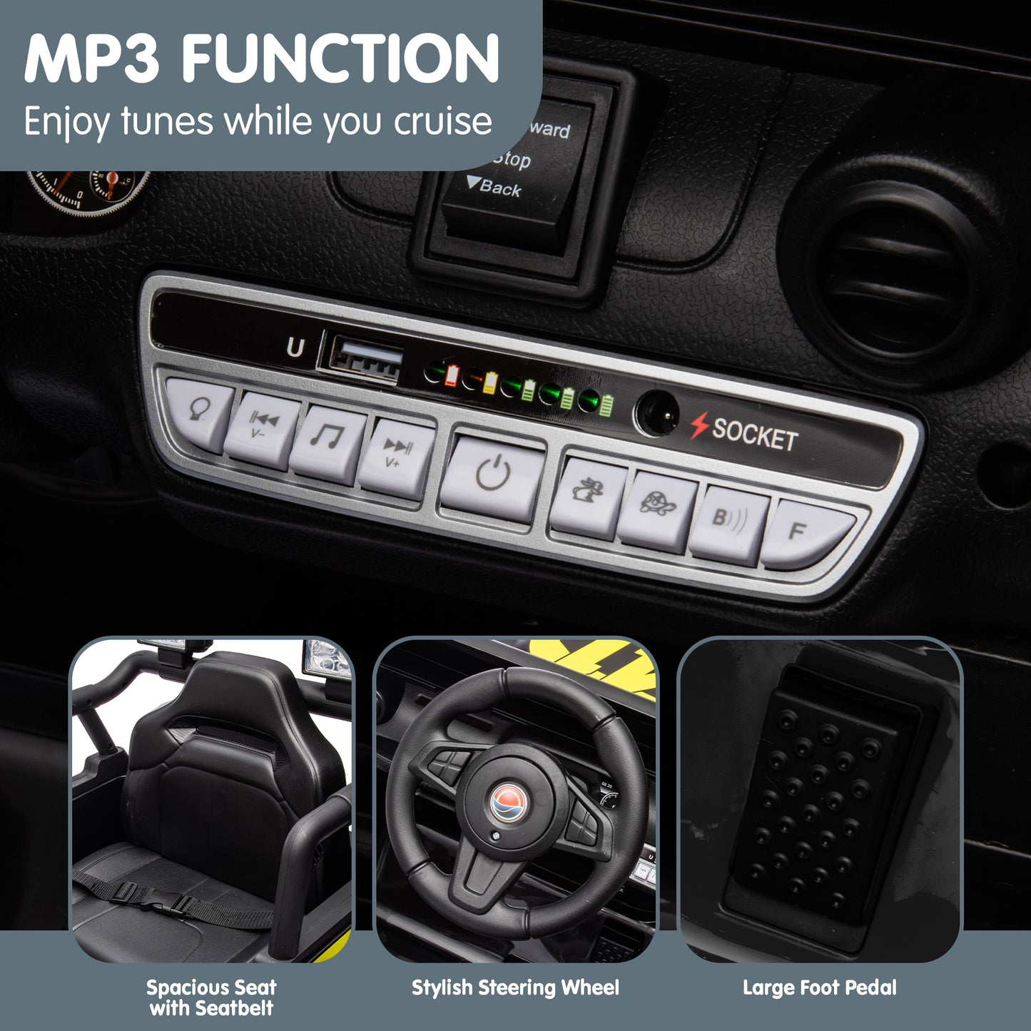 Car interior with MP3 function display, spacious seat, steering wheel, and foot pedal.