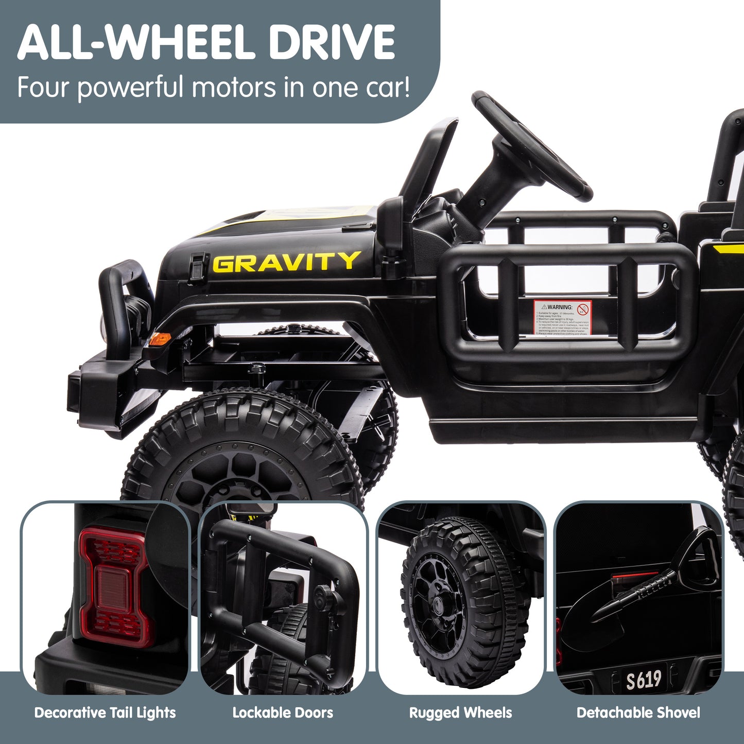 Toy truck with 'Gravity' branding on a gray background