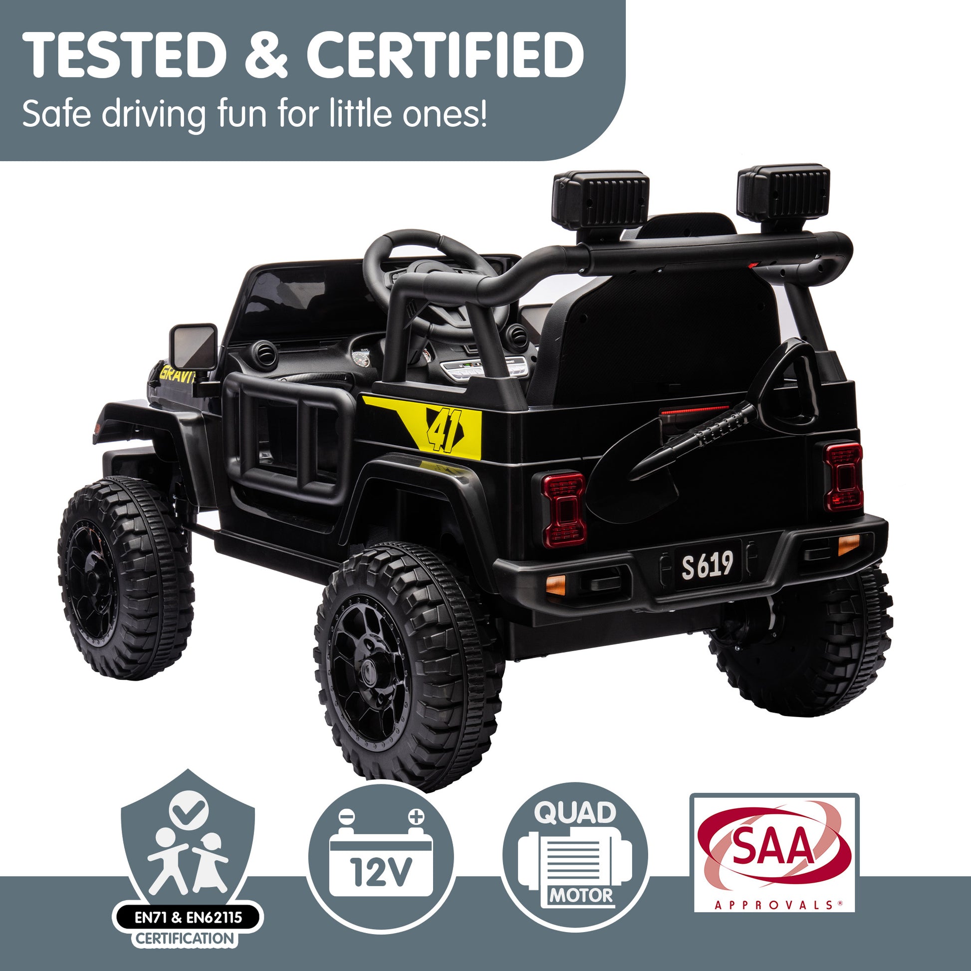 Black toy jeep with certification logos on a white background