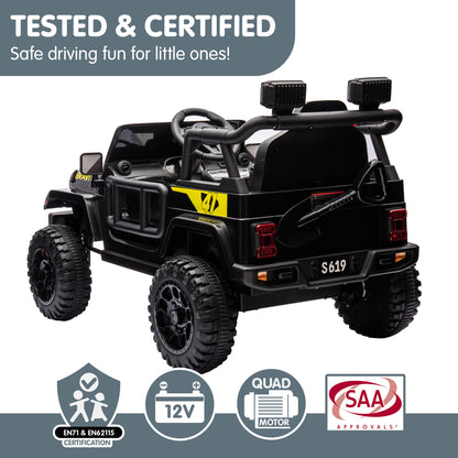 Black toy jeep with certification logos on a white background