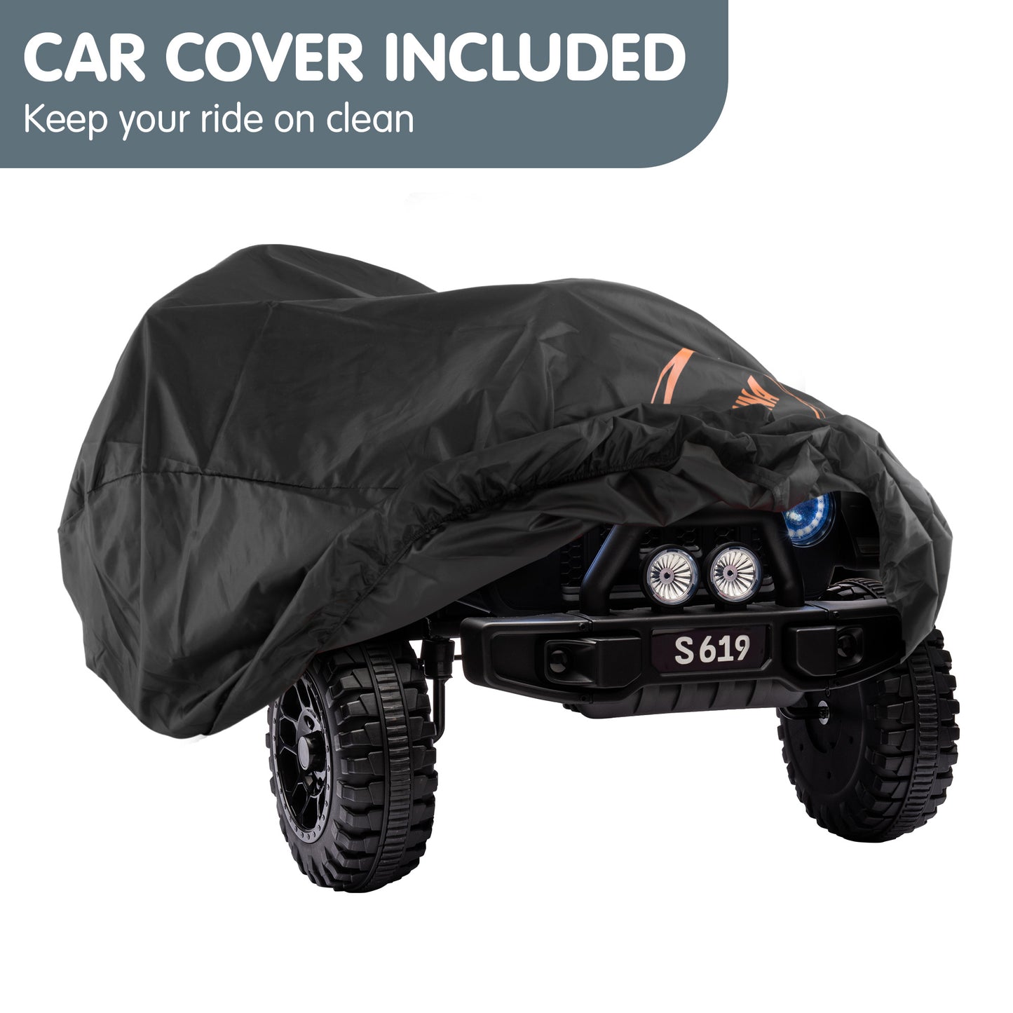 Black car cover on a toy car with text 'Car Cover Included' and 'Keep your ride on clean'.