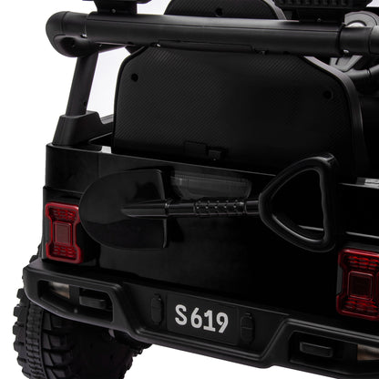 Black off-road vehicle with a spare tire mounted on the back
