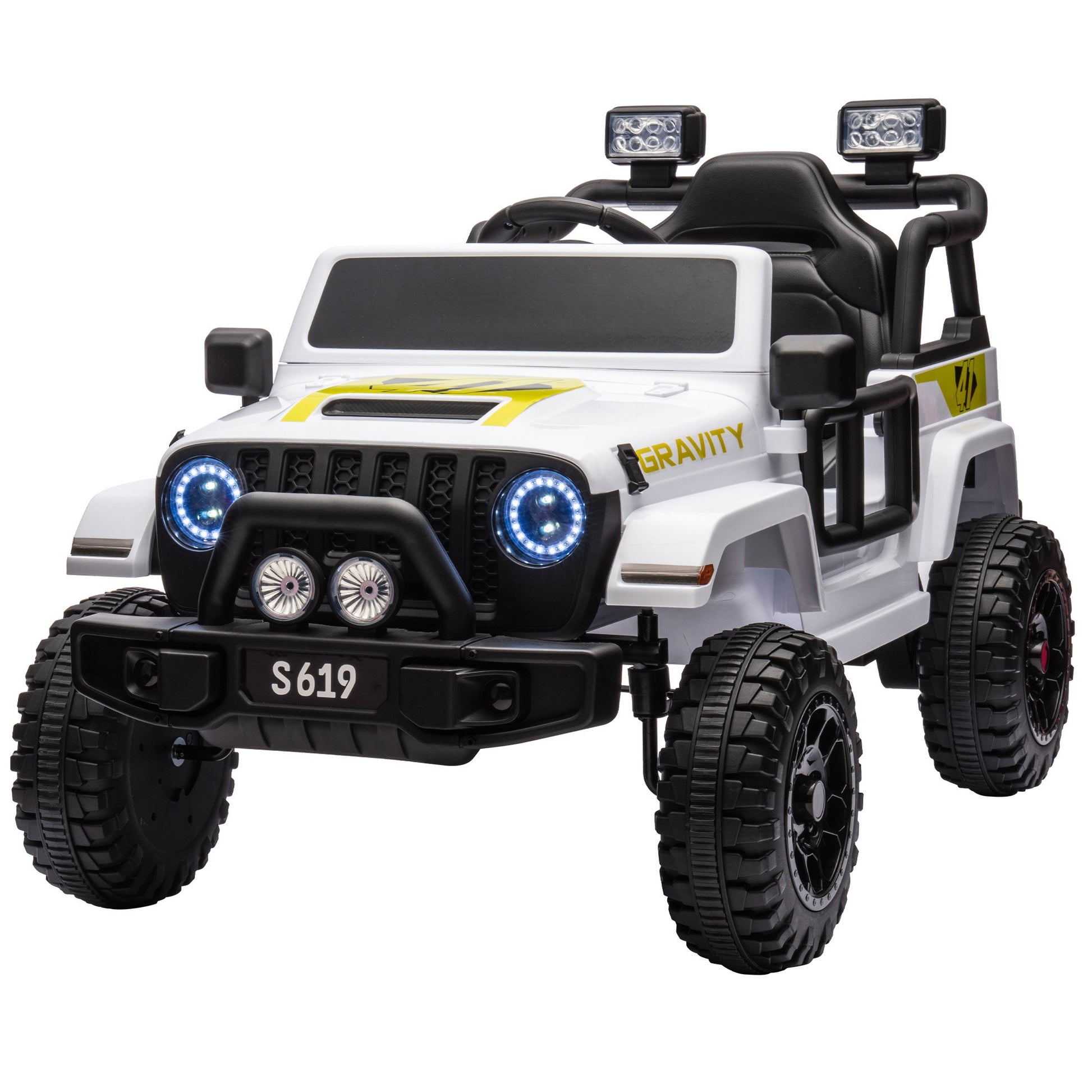Toy off-road vehicle with glowing headlights on a white background
