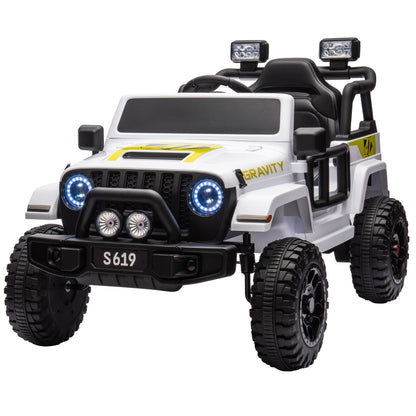 Toy off-road vehicle with glowing headlights on a white background