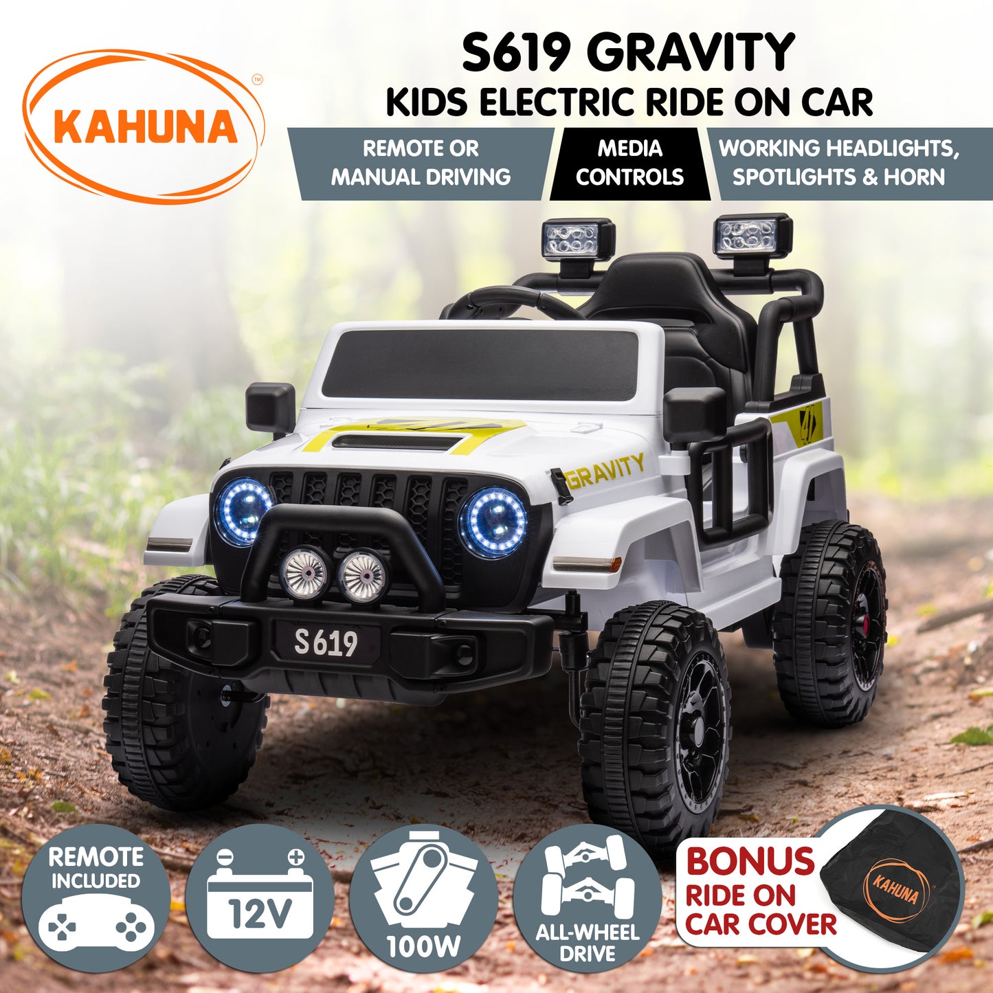 Kahuna S619 Gravity kids electric ride-on car with features listed on a natural background