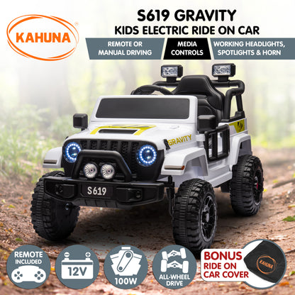 Kahuna S619 Gravity kids electric ride-on car with features listed on a natural background