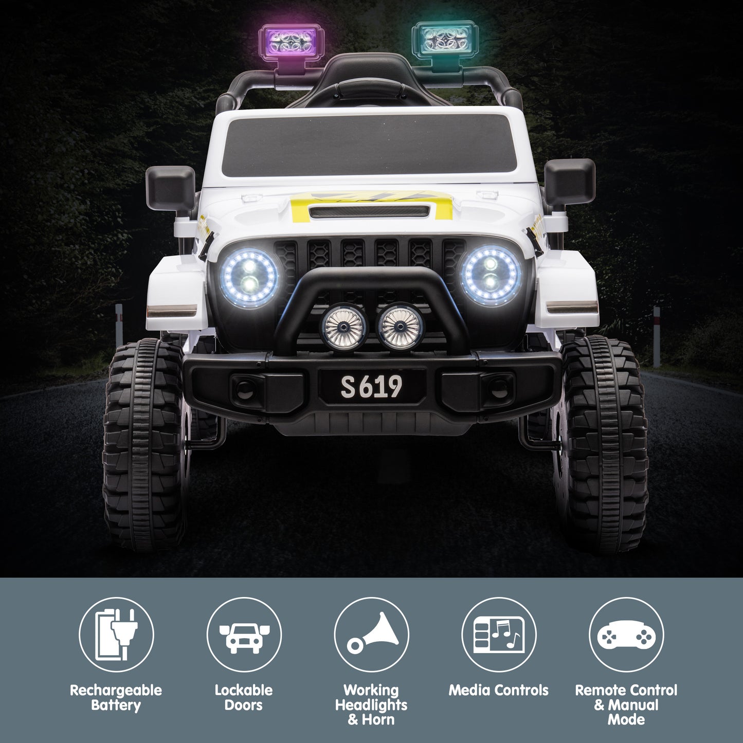 Children's toy truck with illuminated lights on a dark background