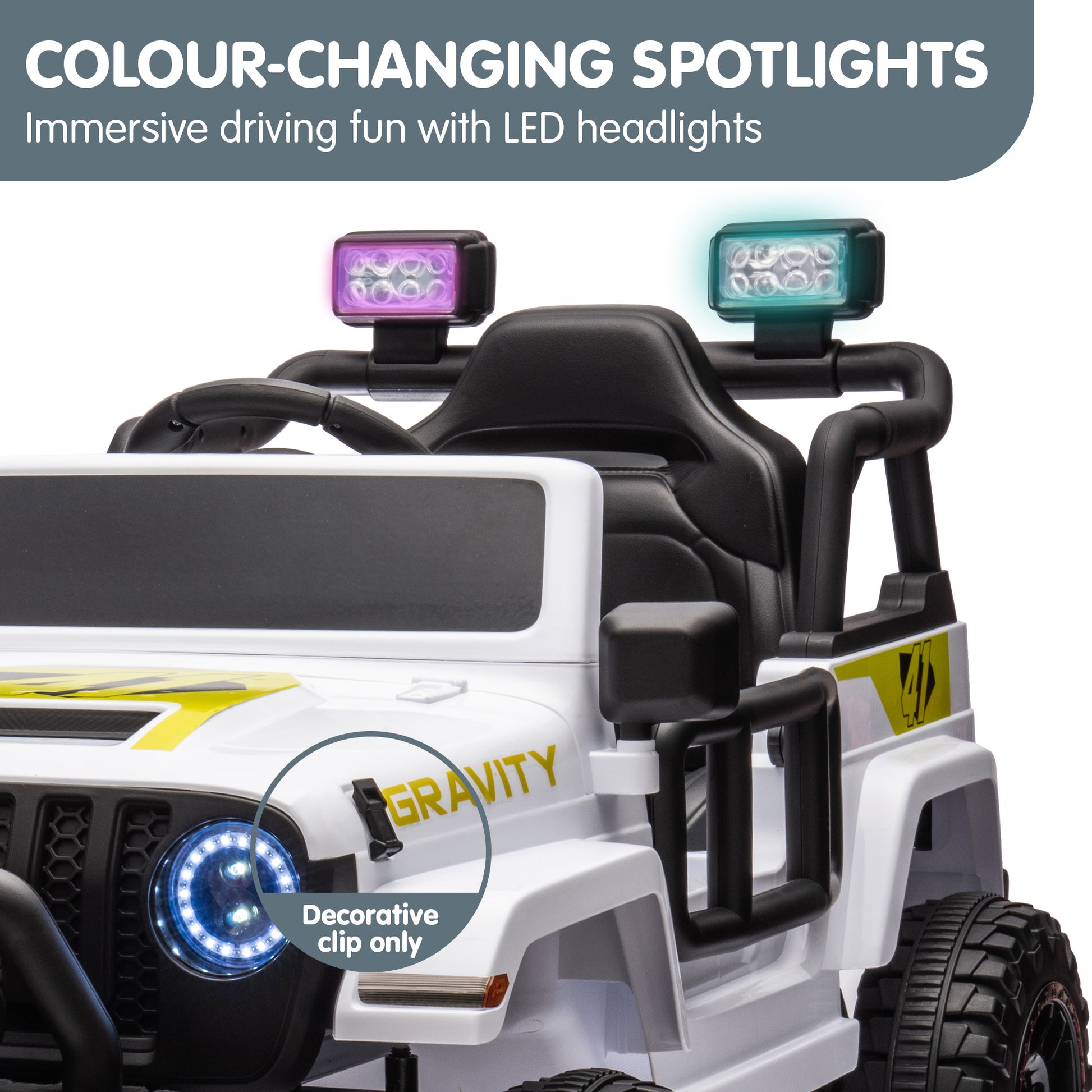 Children's toy truck with LED headlights and 'Colour-Changing Spotlights' feature.