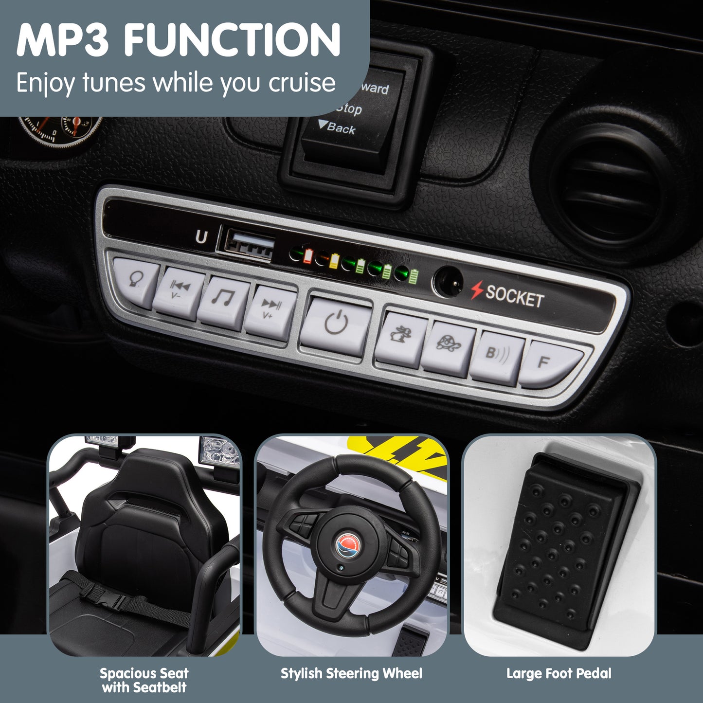 Car dashboard with audio control panel and insets showing seat, steering wheel, and foot pedal.