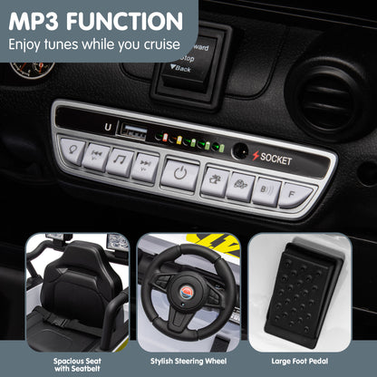 Car dashboard with audio control panel and insets showing seat, steering wheel, and foot pedal.