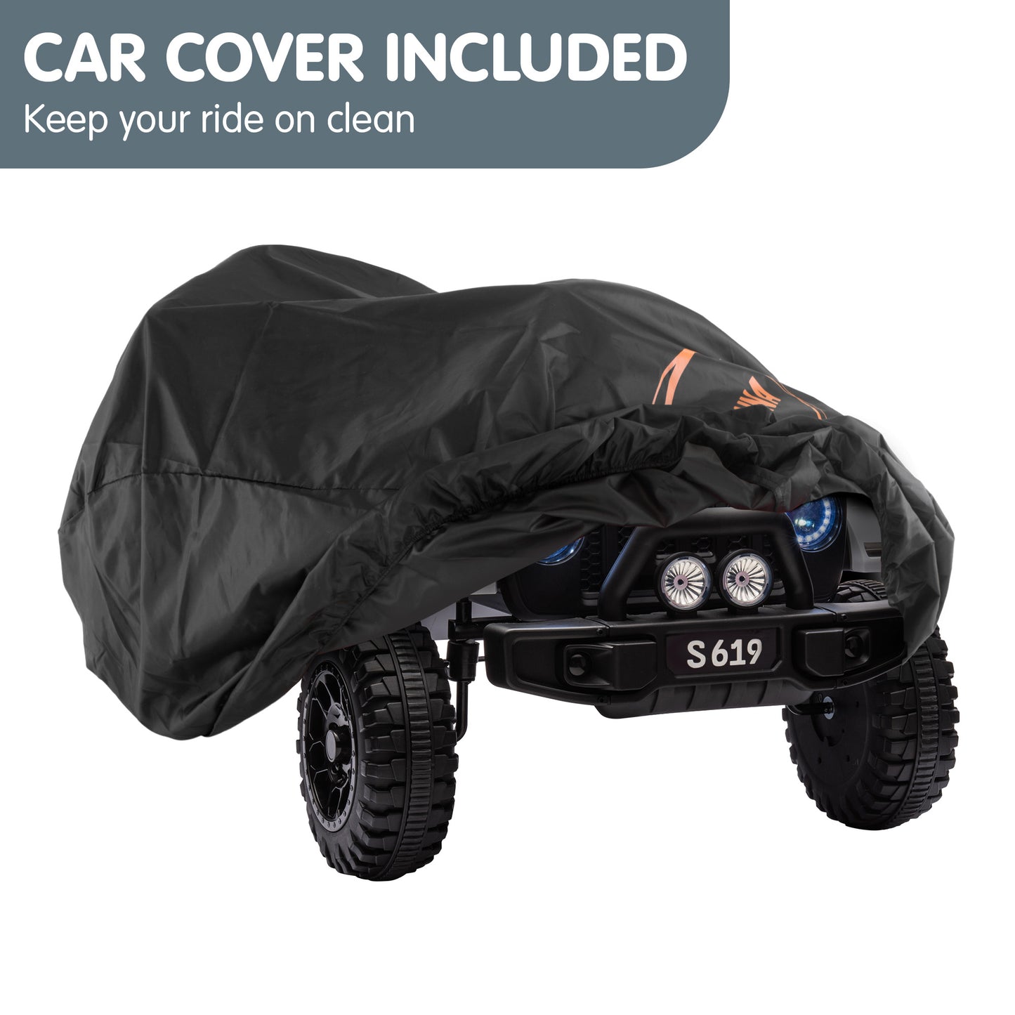 Black car cover on a vehicle with text 'Car Cover Included' and 'Keep your ride on clean'.