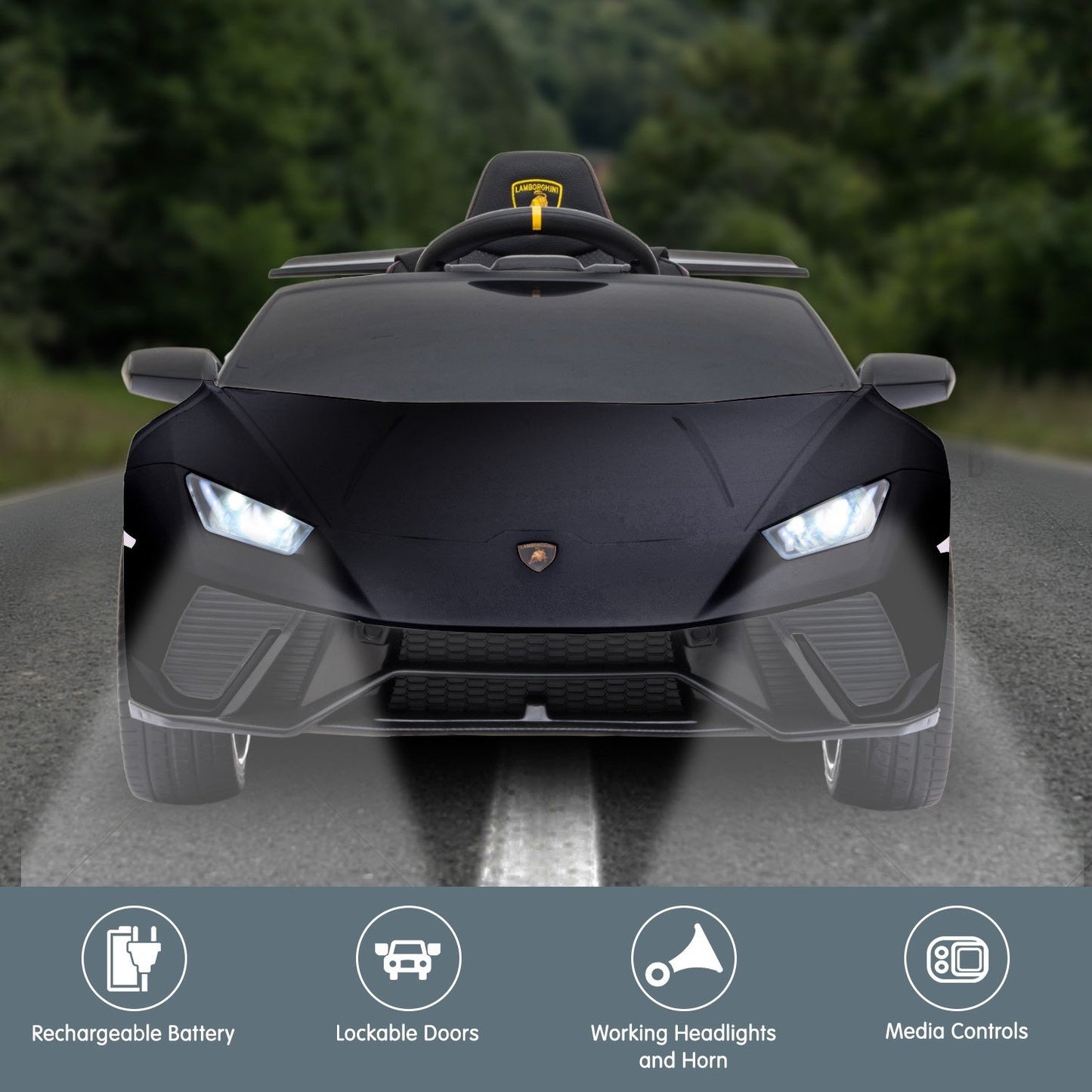 Black toy car with features listed on a road with blurred greenery