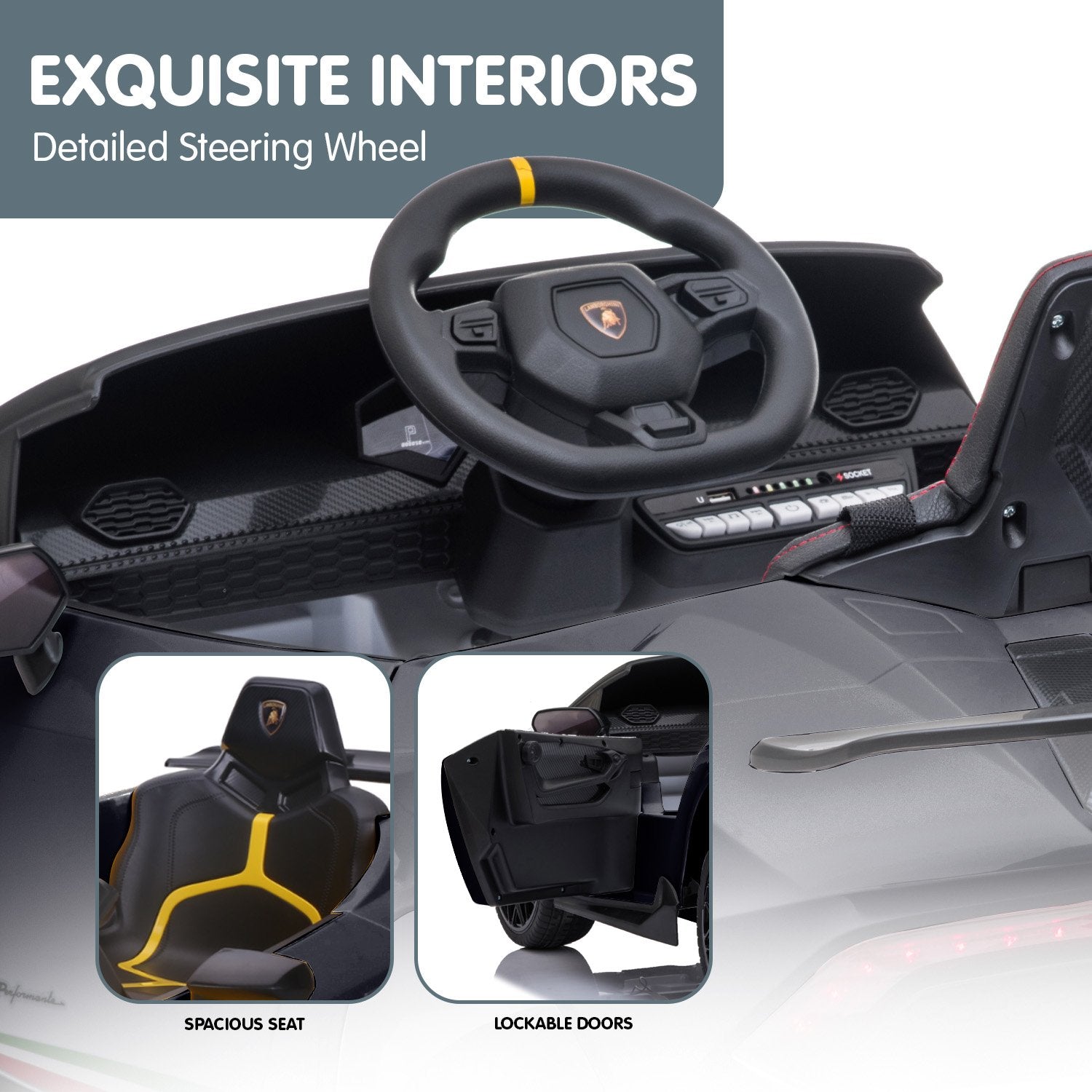 Car interior with steering wheel and detailed features, including a Lamborghini logo.